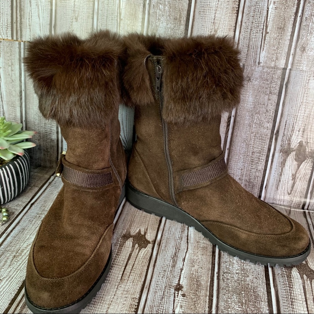 STUART WEITZMAN Luxury Warm Winter Fur Cuffed Chocolate Suede Flat Boots, 7 - Picture 8 of 16
